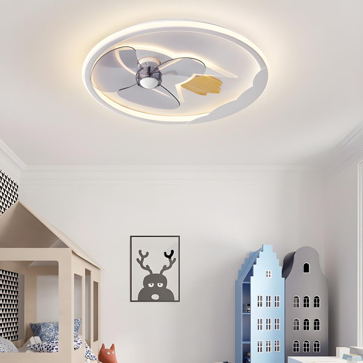 Kids Room Cartoon Rocket Round Ceiling Fan with Light Image - 16