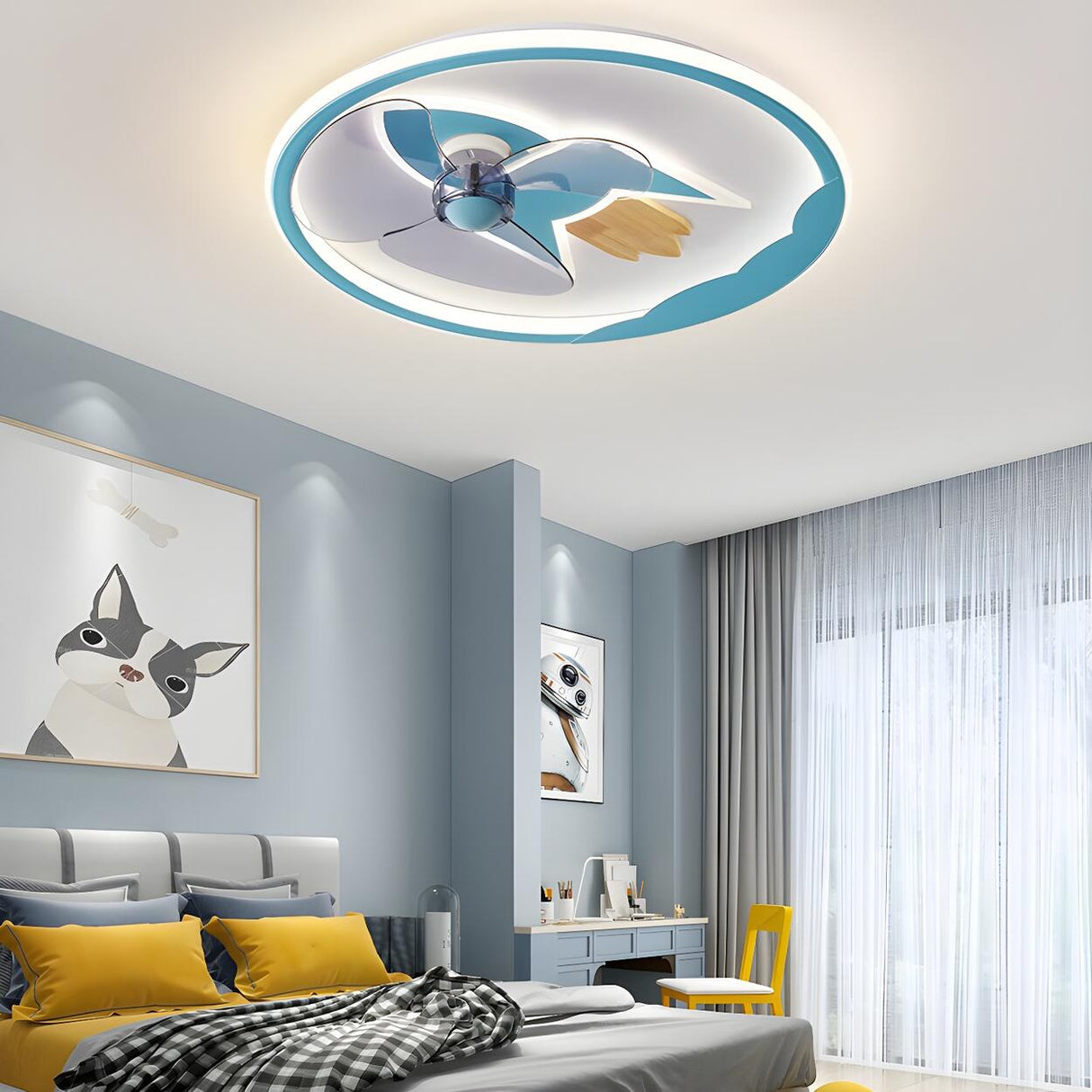 Kids Room Cartoon Rocket Round Ceiling Fan with Light Image - 17