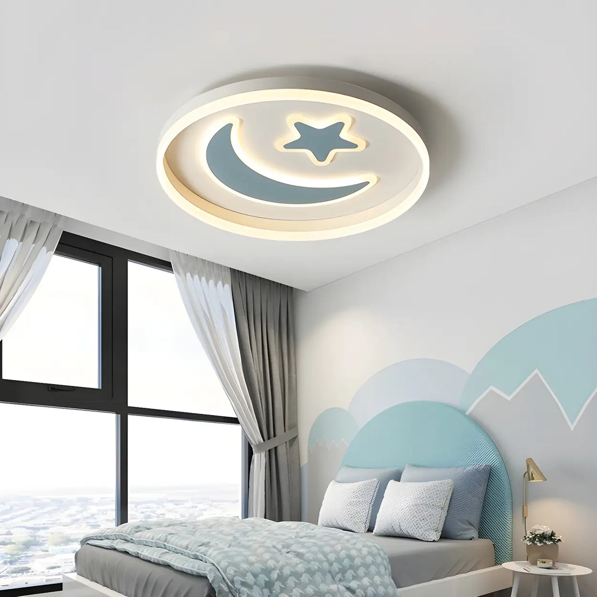 Kids Room Circle Moon Star Flush Mount Ceiling Light Image - 4