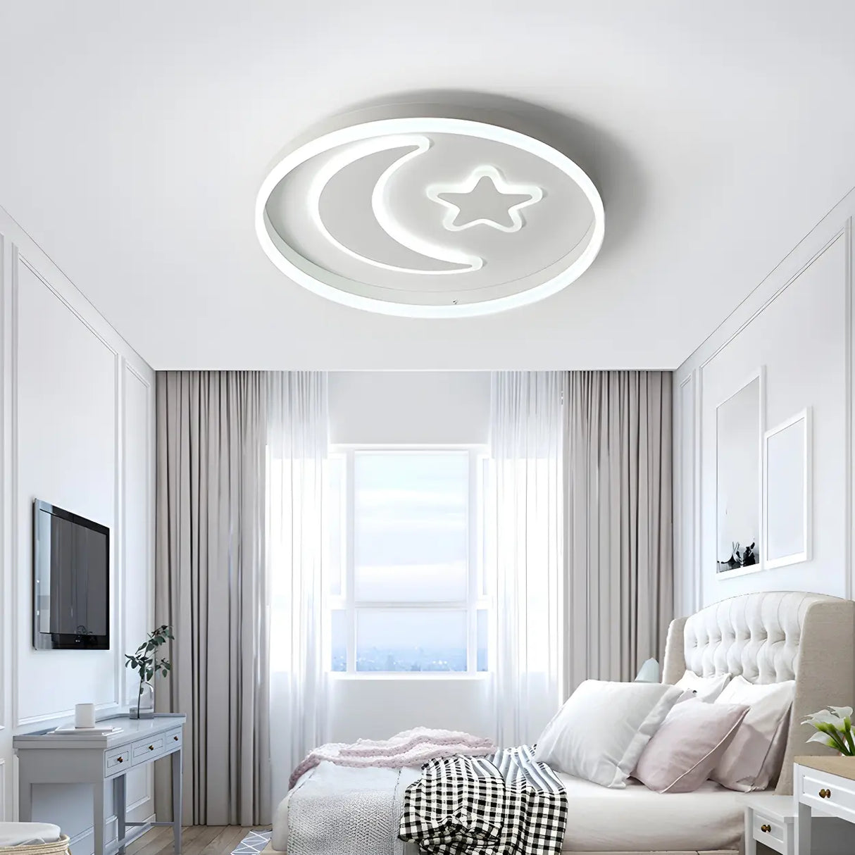 Kids Room Circle Moon Star Flush Mount Ceiling Light Image - 5