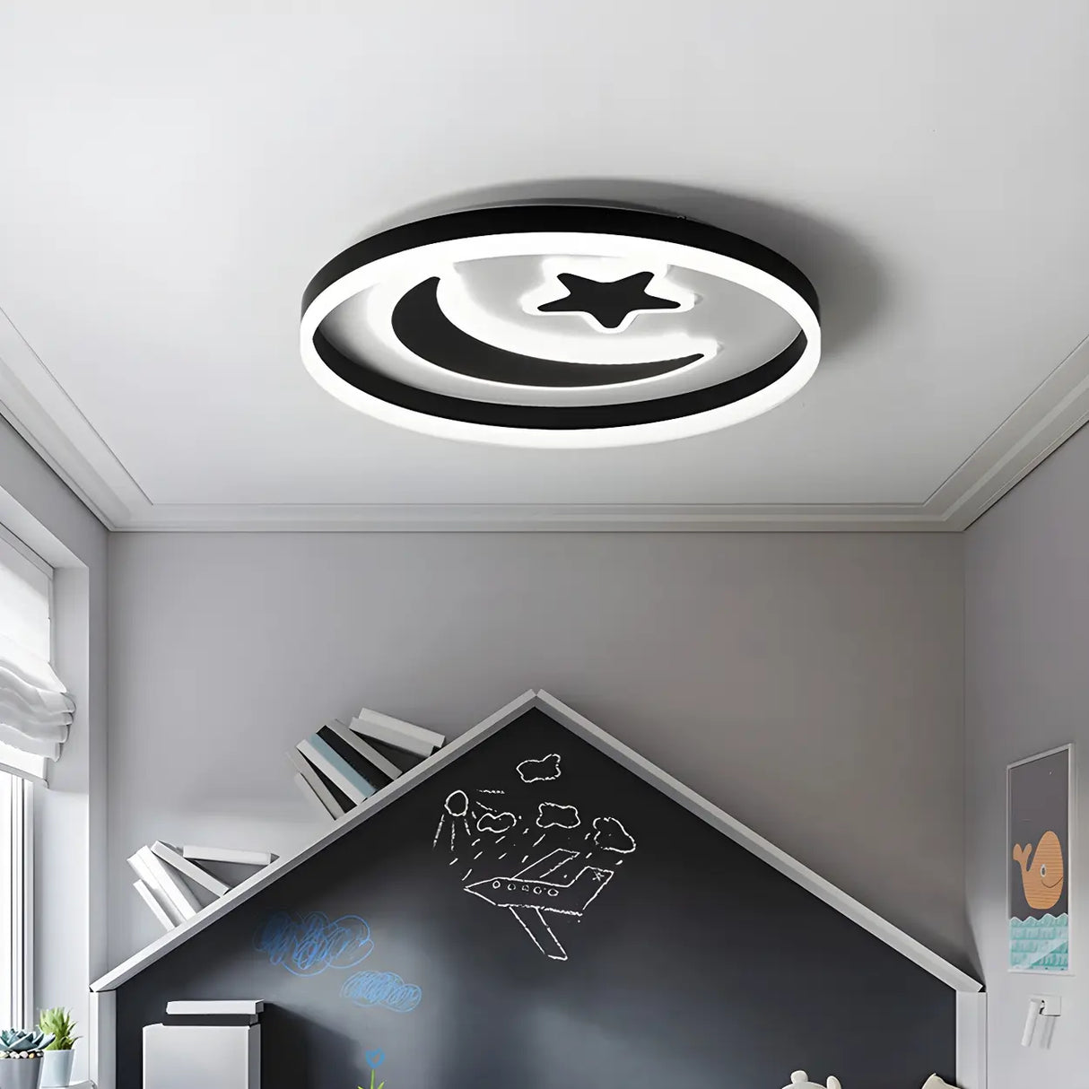 Kids Room Circle Moon Star Flush Mount Ceiling Light Image - 7