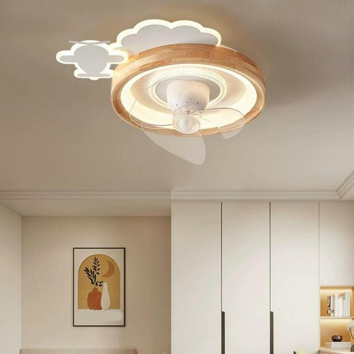 Kids Room Cloud Wood Flush Ceiling Fan with LED Light Image - 1