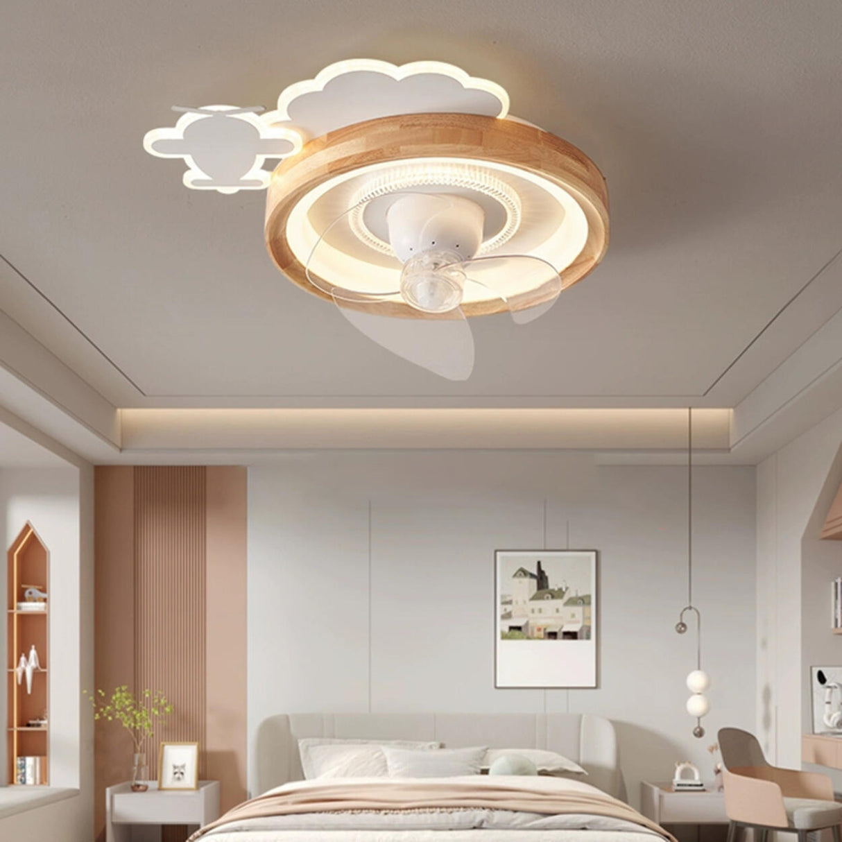 Kids Room Cloud Wood Flush Ceiling Fan with LED Light Image - 14