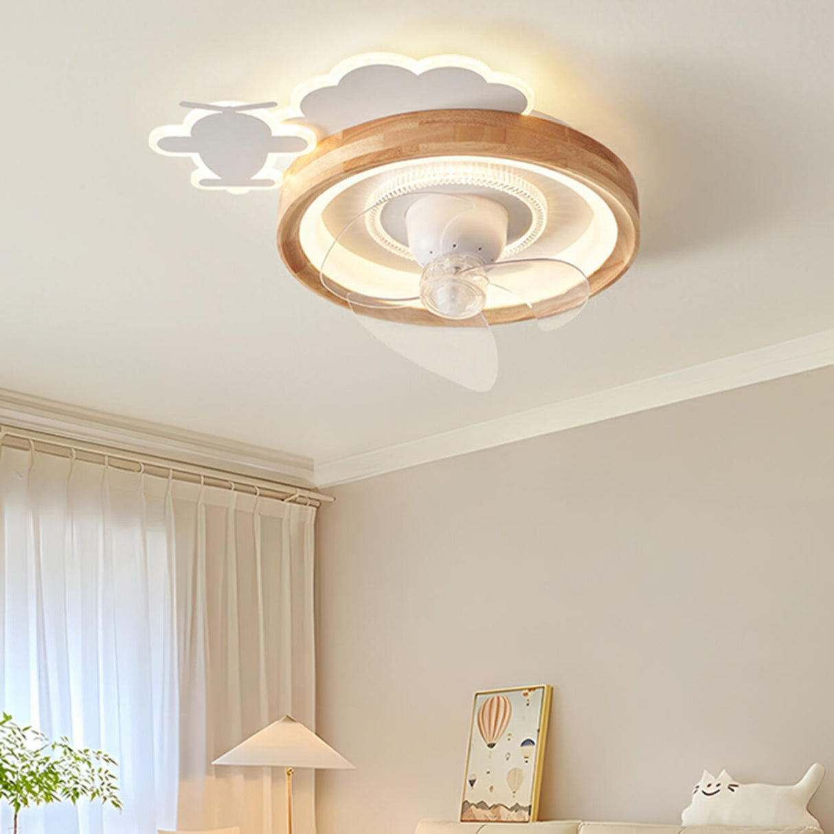 Kids Room Cloud Wood Flush Ceiling Fan with LED Light Image - 6