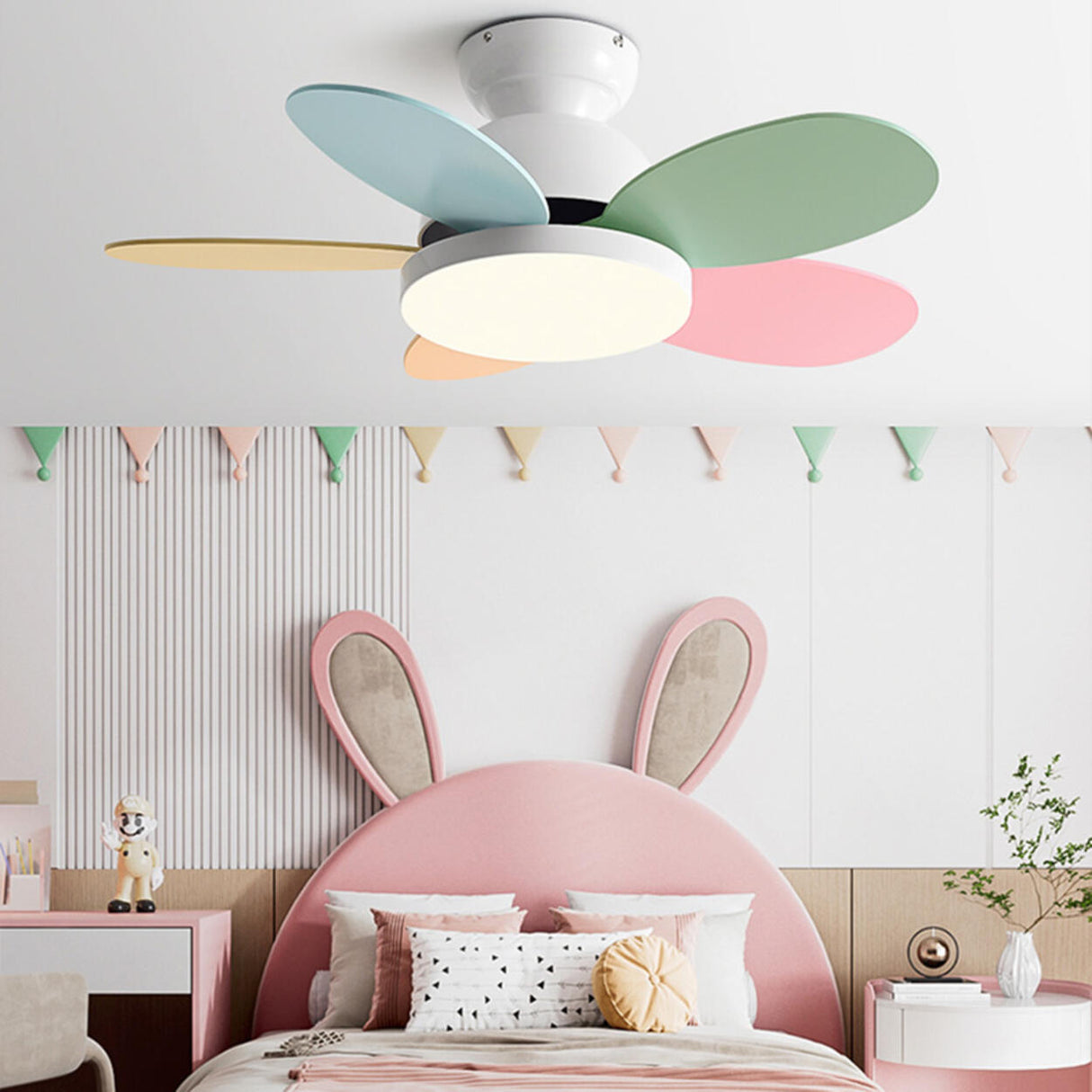 Kids Room Colorful 5 Wooden Blade Ceiling Fan Light Image - 5