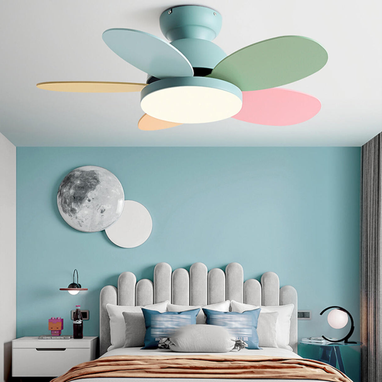 Kids Room Colorful 5 Wooden Blade Ceiling Fan Light Image - 6