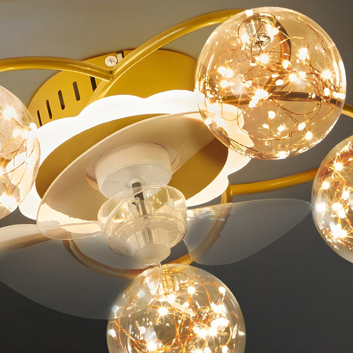 Kids Room Creative Ball Shade Gold Ceiling Fan Light Image - 13