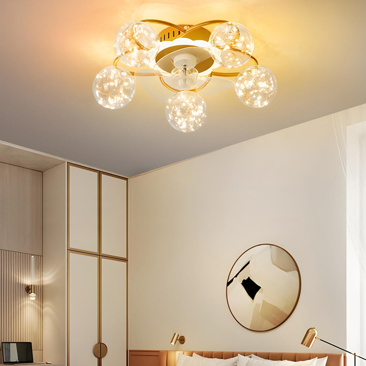 Kids Room Creative Ball Shade Gold Ceiling Fan Light Image - 18