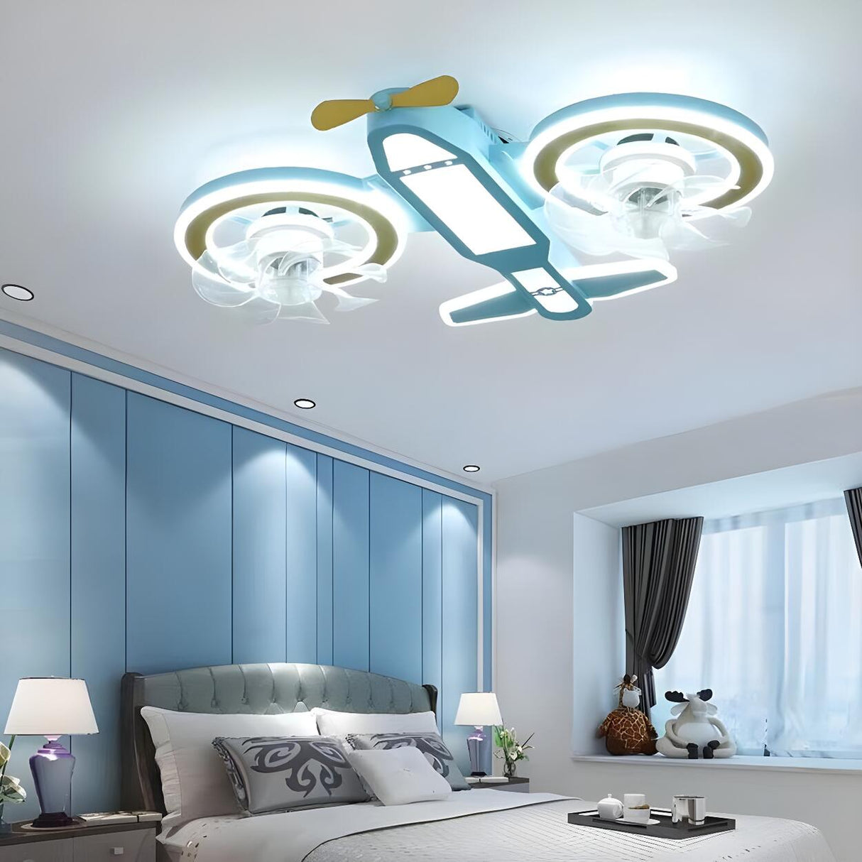 Kids Room Creative Blue Airplane Ceiling Fan with Light Image - 1