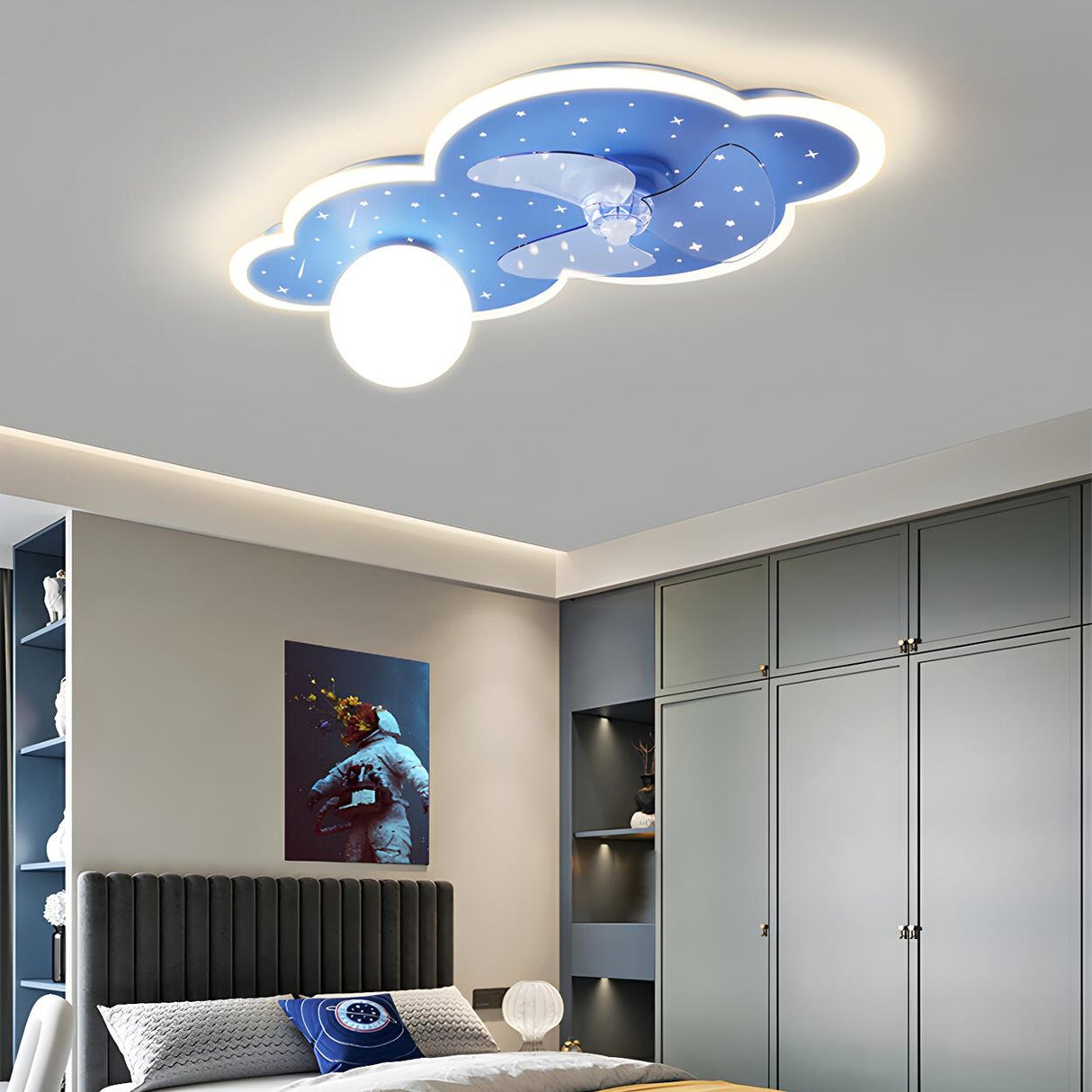 Kids Room Creative Blue Cloud Ceiling Fan with Light Image - 1