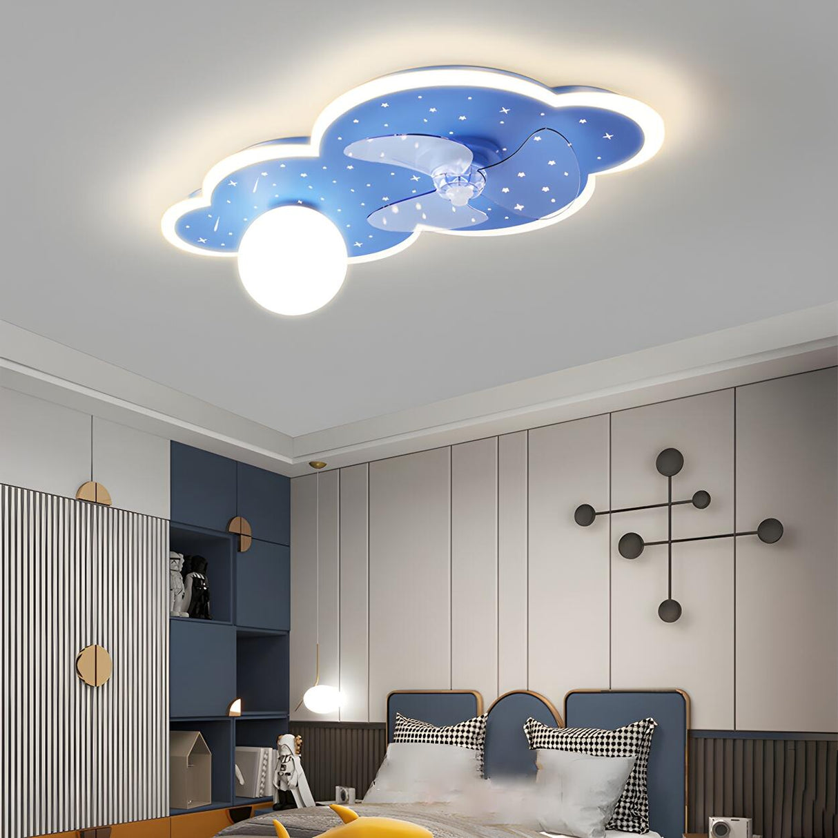 Kids Room Creative Blue Cloud Ceiling Fan with Light Image - 15