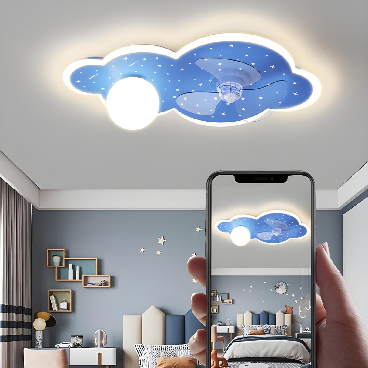 Kids Room Creative Blue Cloud Ceiling Fan with Light Image - 16