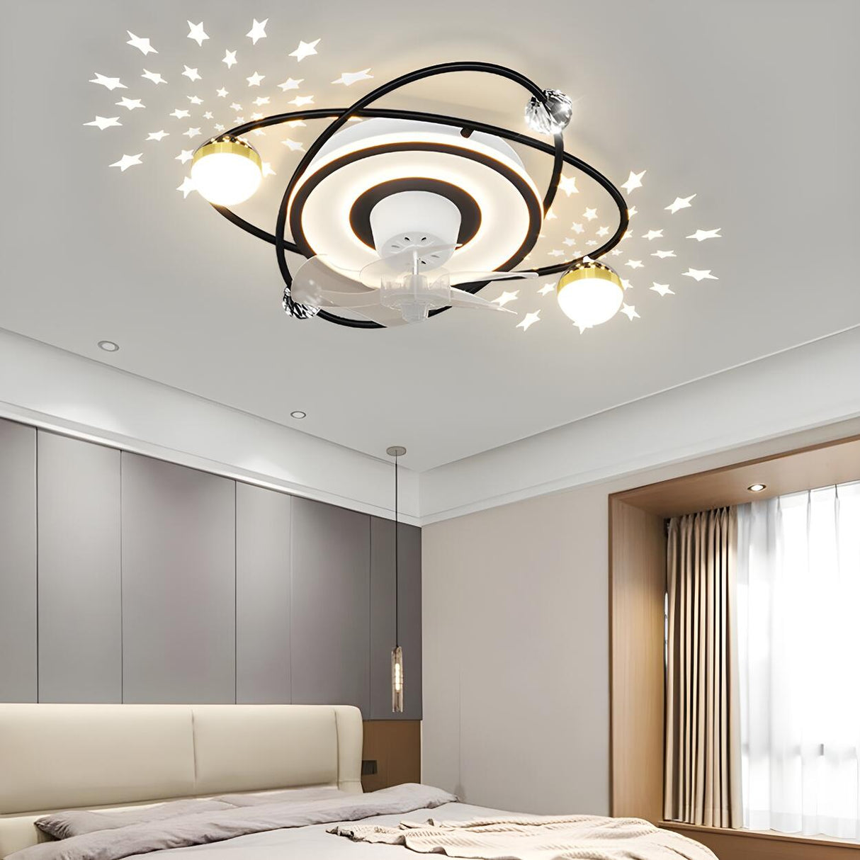 Kids Room Creative Double-Ring Track Ceiling Fan Light Image - 12