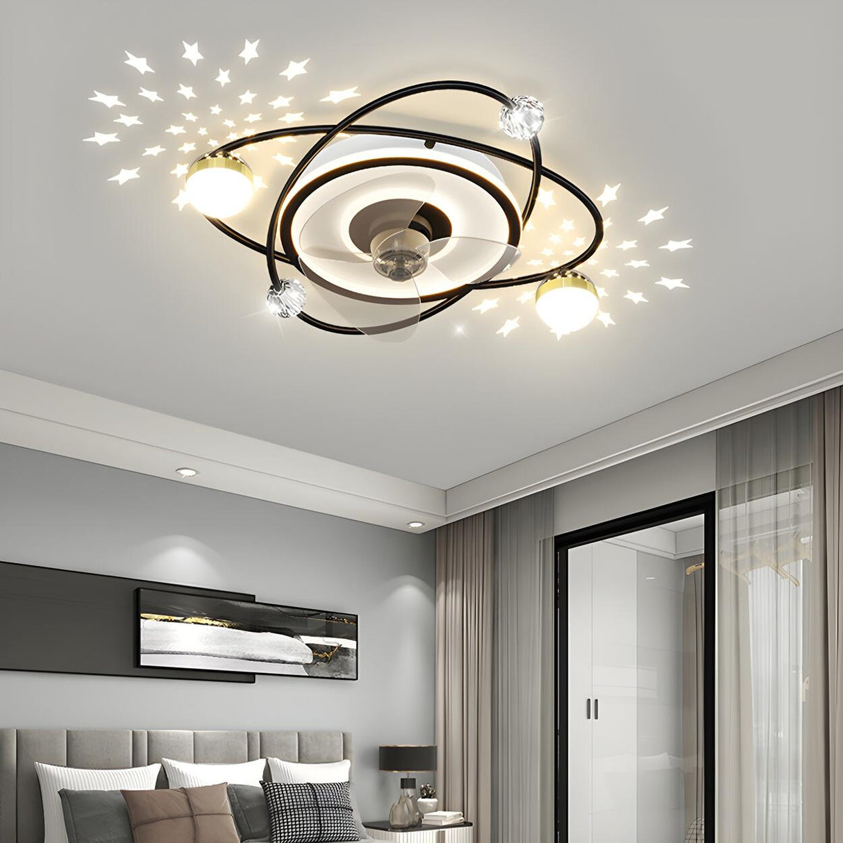 Kids Room Creative Double-Ring Track Ceiling Fan Light Image - 2