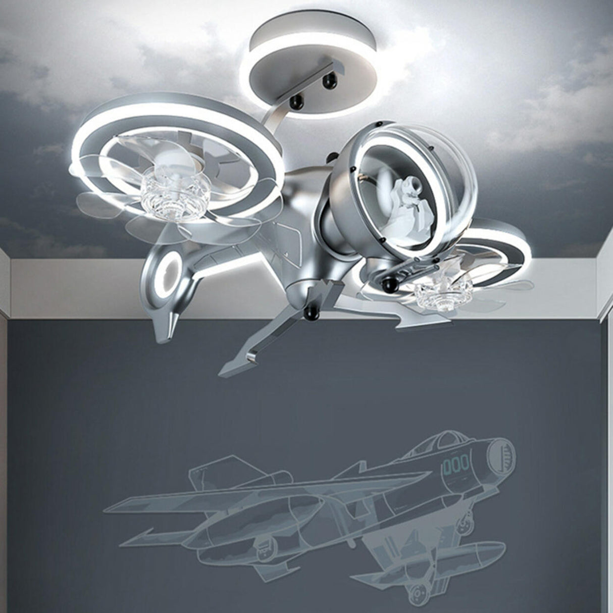 Kids Room Creative Gray Helicopter Ceiling Fan Light Image - 2