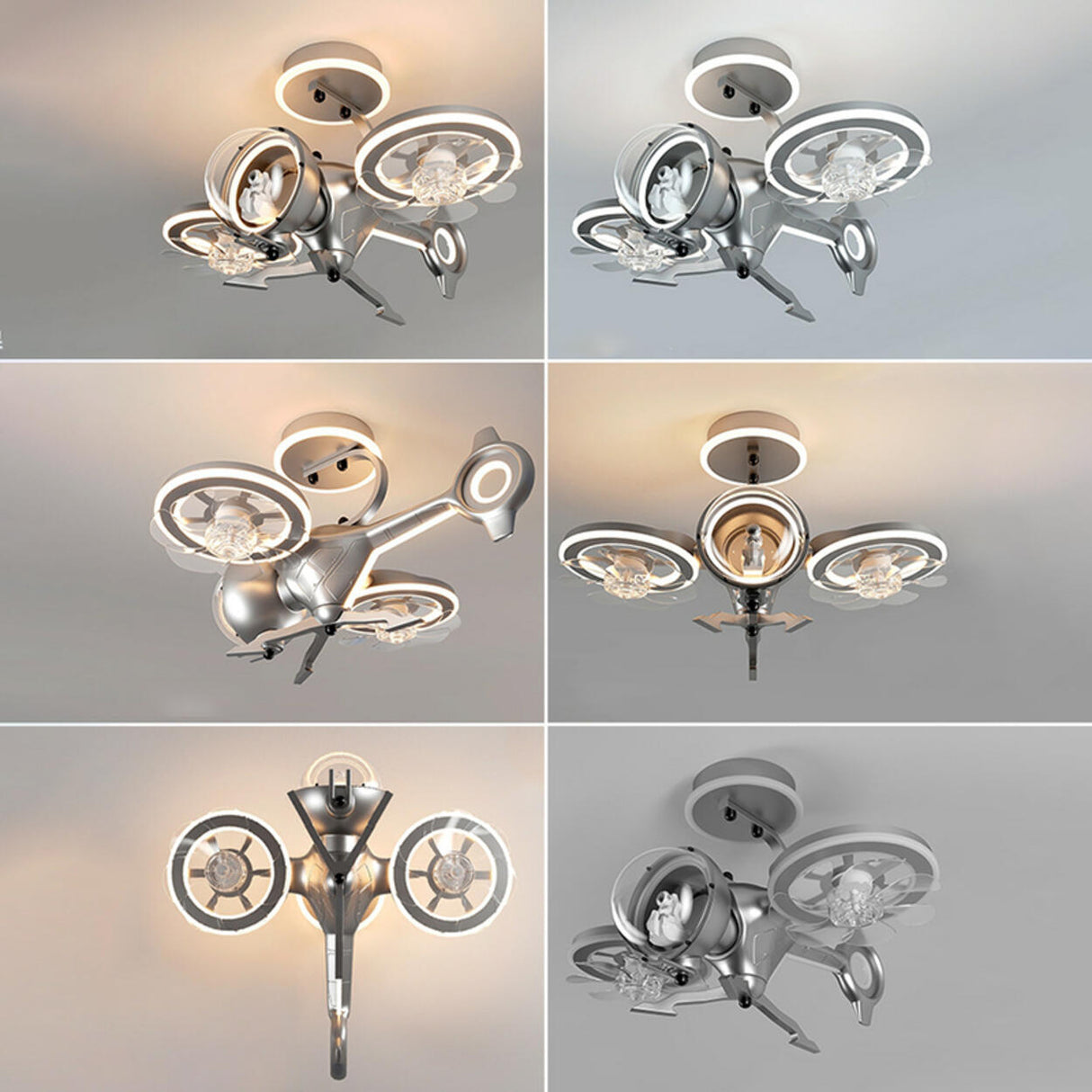 Kids Room Creative Gray Helicopter Ceiling Fan Light Image - 4