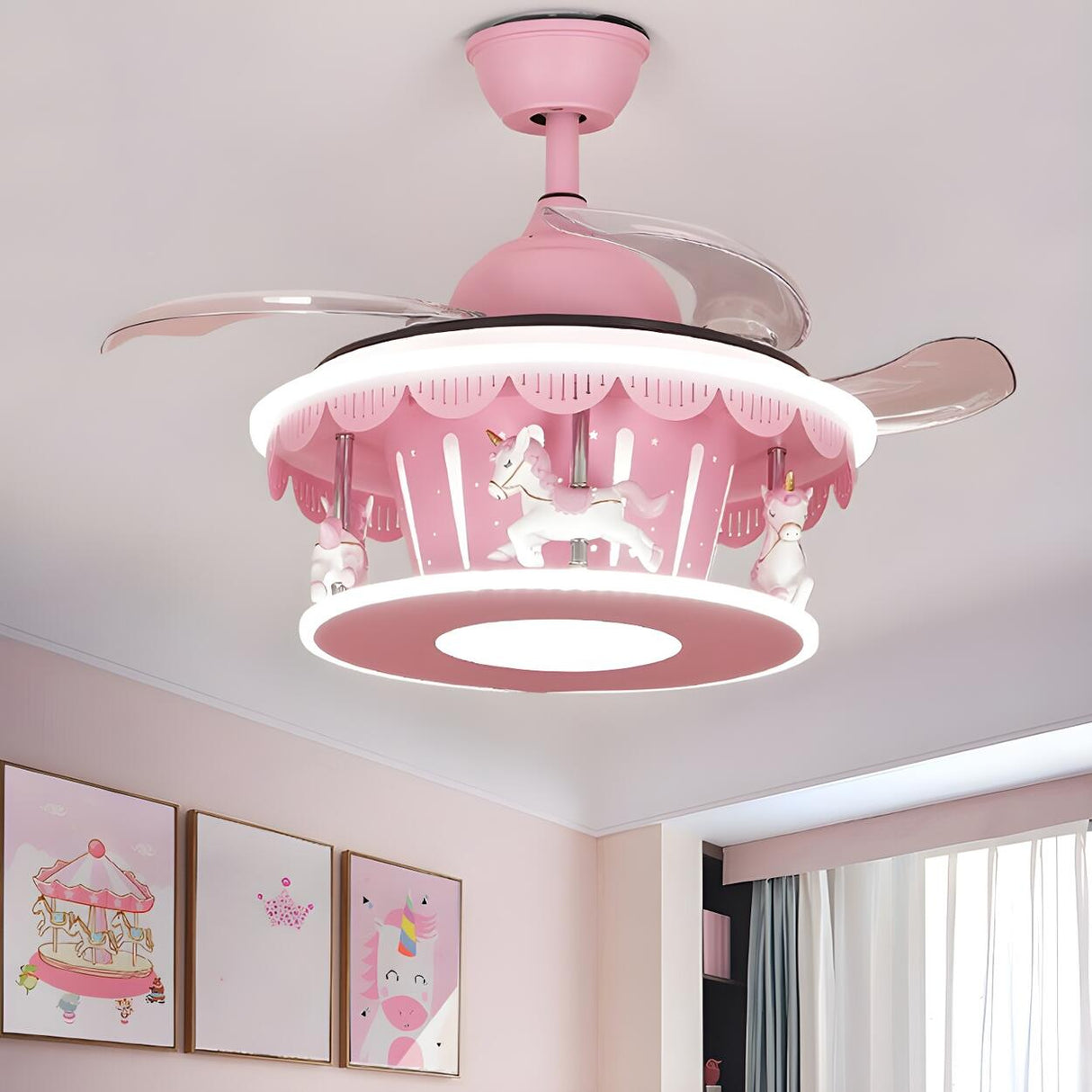 Kids Room Creative Pink Carousel Ceiling Fan with Light Image - 1