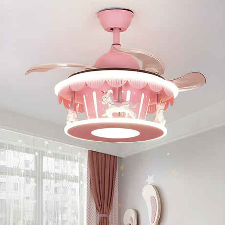 Kids Room Creative Pink Carousel Ceiling Fan with Light Image - 2