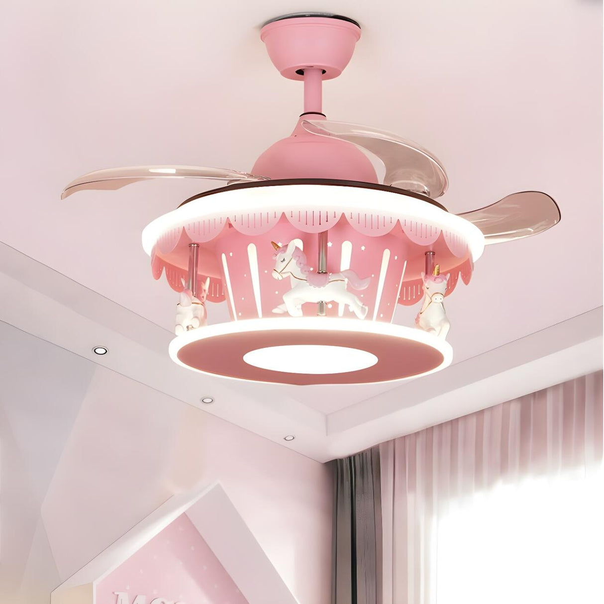 Kids Room Creative Pink Carousel Ceiling Fan with Light Image - 3