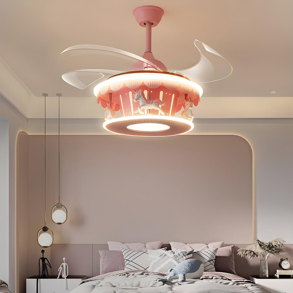 Kids Room Creative Pink Carousel Ceiling Fan with Light Image - 9