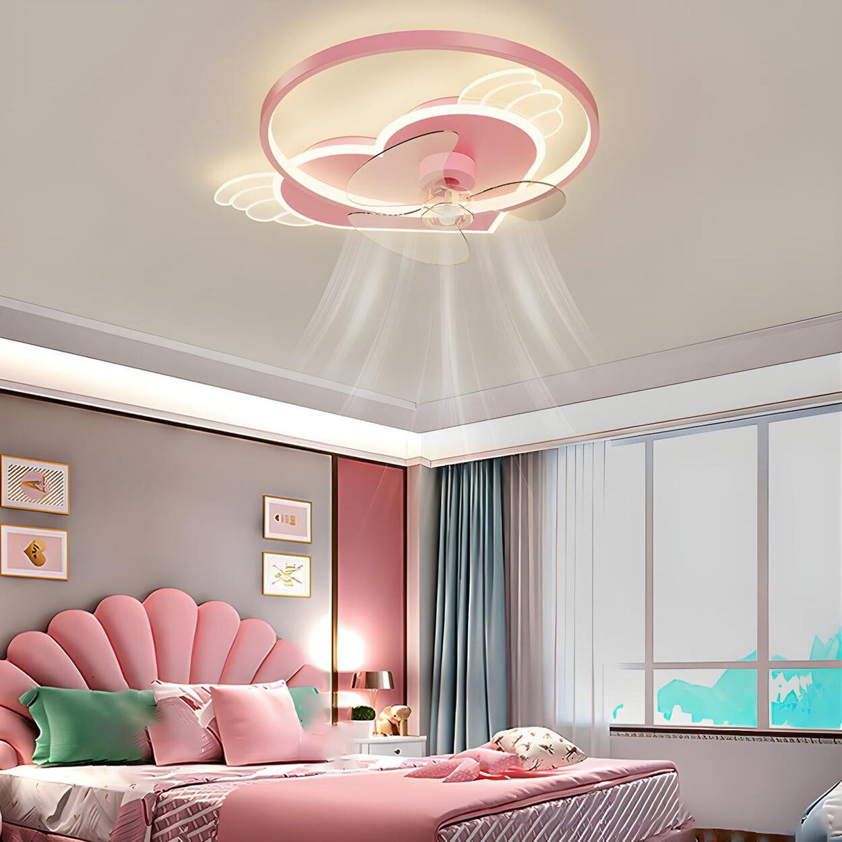 Kids Room Creative Pink Heart Ring Ceiling Fan Light Image - 10