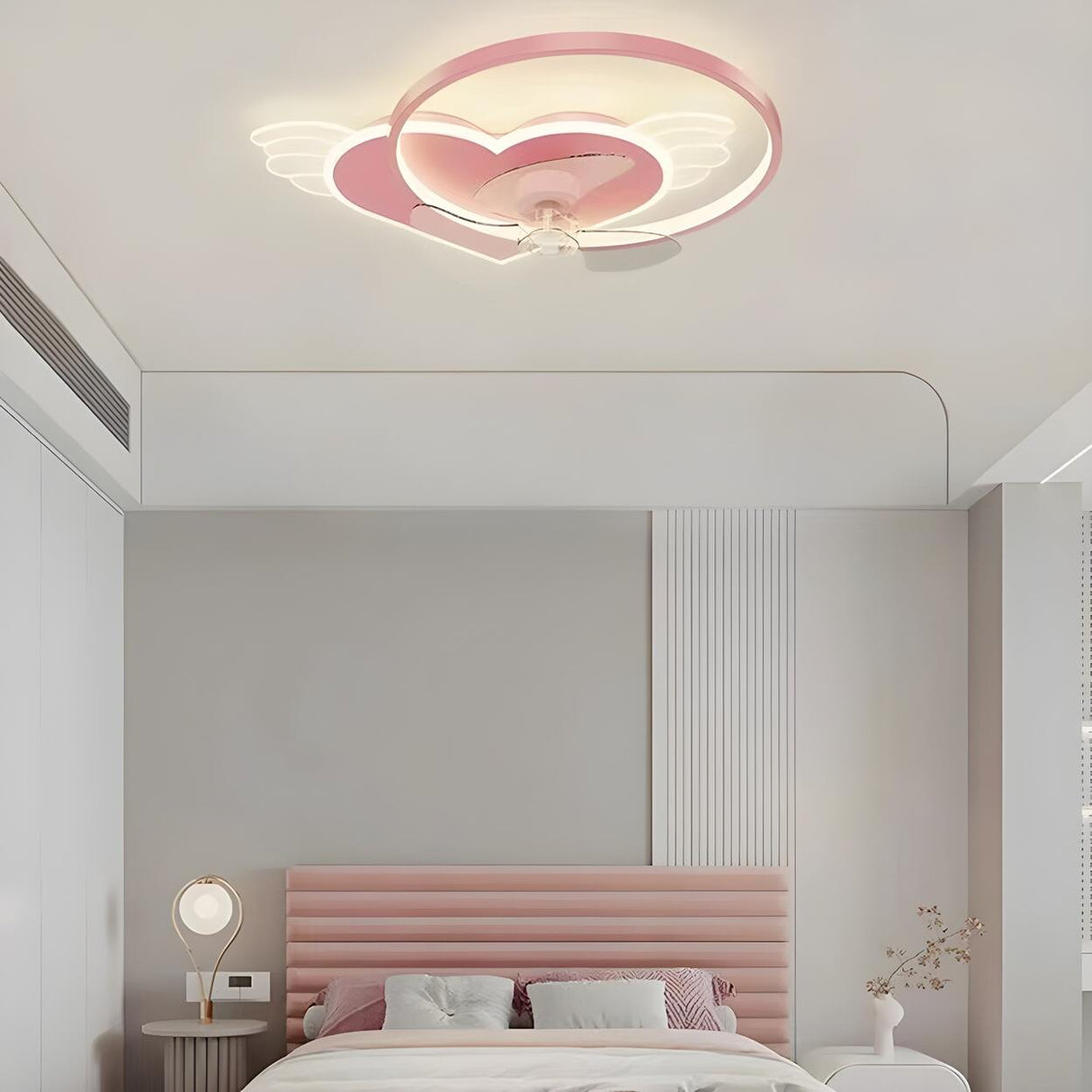 Kids Room Creative Pink Heart Ring Ceiling Fan Light Image - 11