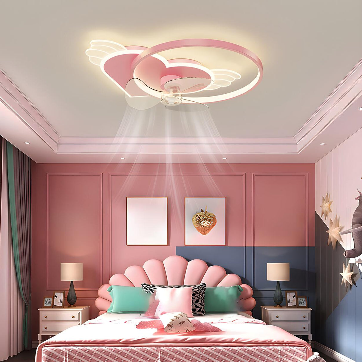 Kids Room Creative Pink Heart Ring Ceiling Fan Light Image - 4