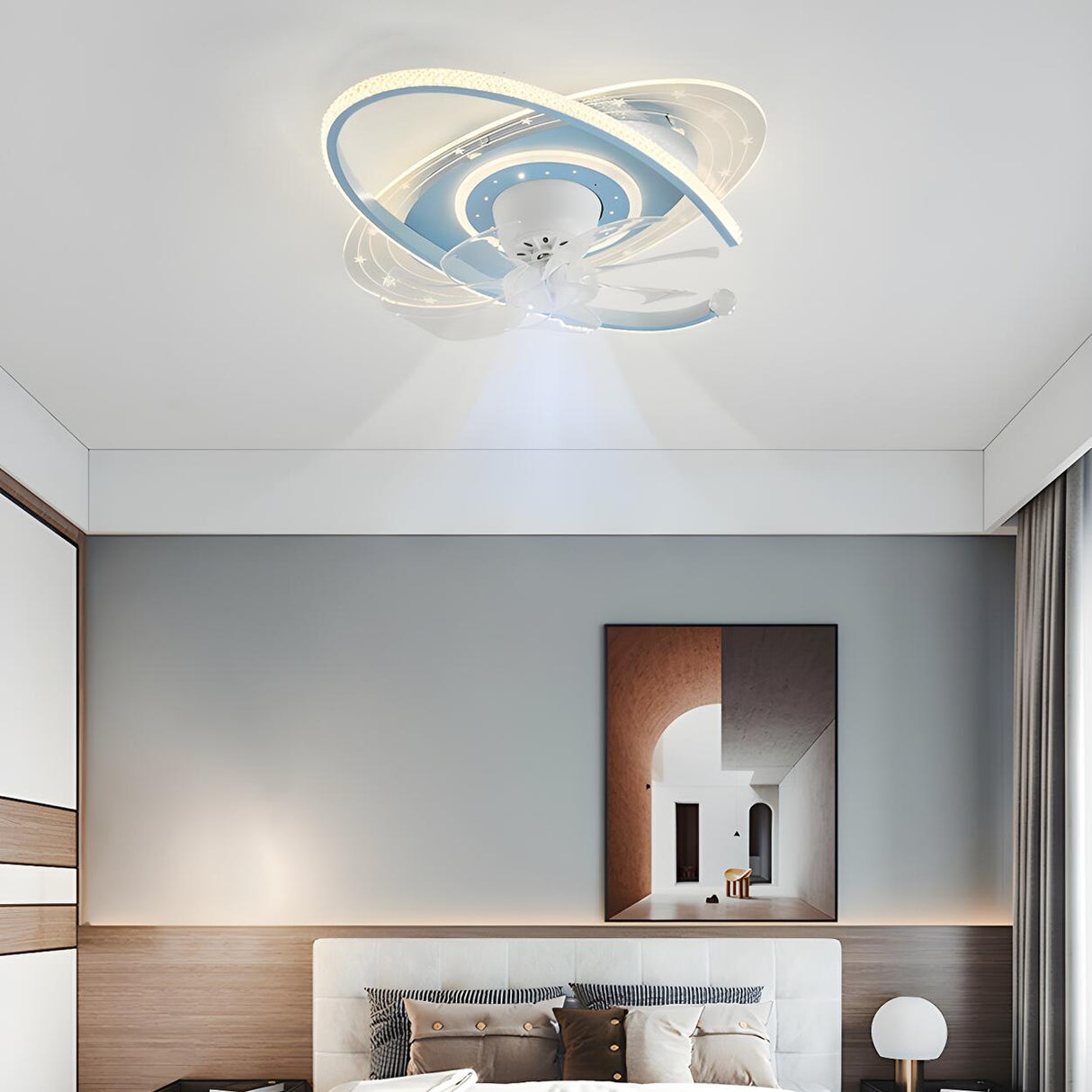 Kids Room Creative Saturn Round Ceiling Fan with Light Image - 17