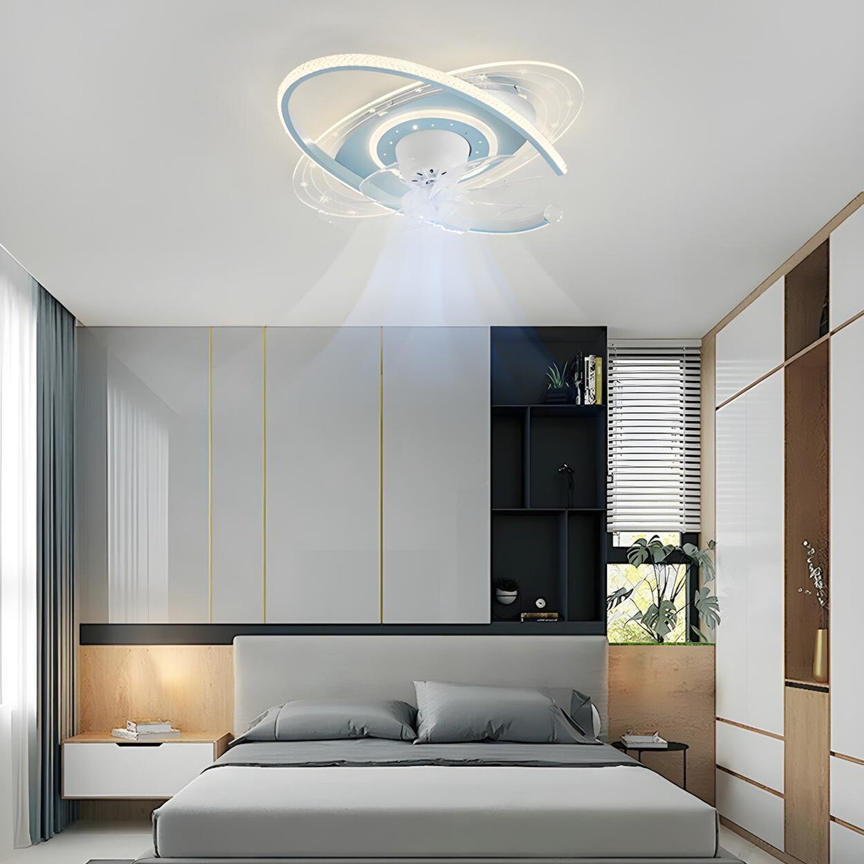 Kids Room Creative Saturn Round Ceiling Fan with Light Image - 2