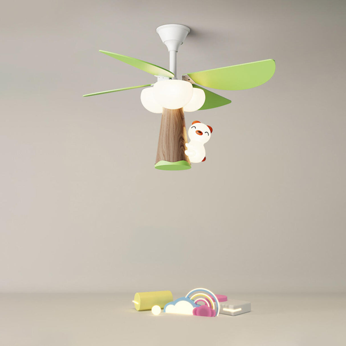 Kids Room Cute Green 4 Blades Ceiling Fan with Light Image - 2