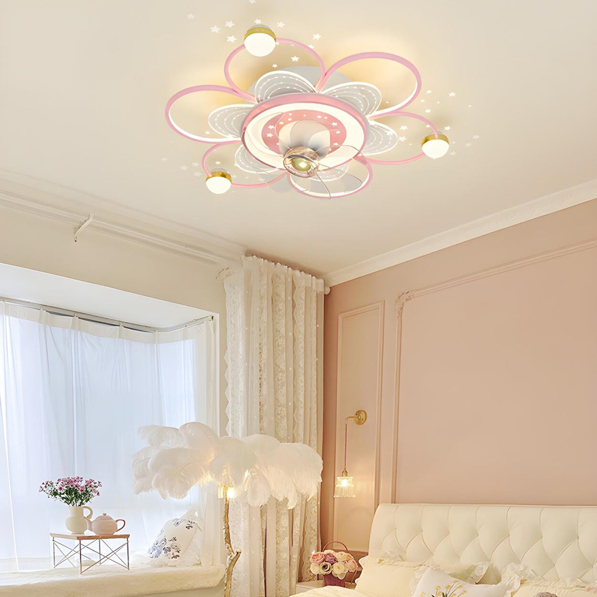 Kids Room Elegant Linear Flower Ceiling Fan with Light Image - 1