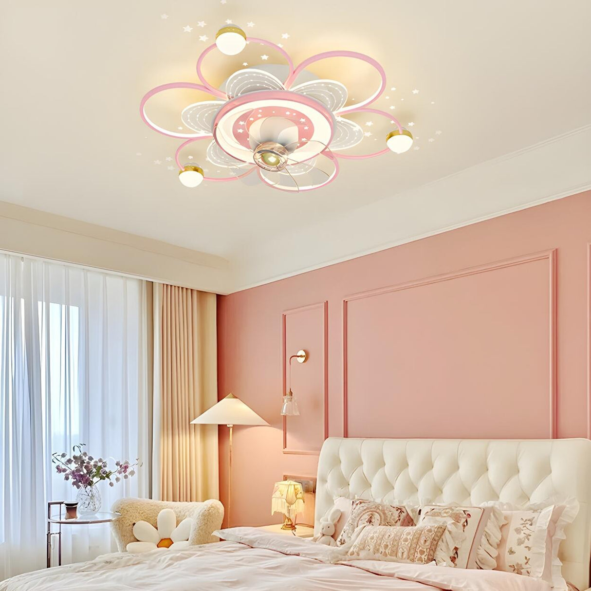 Kids Room Elegant Linear Flower Ceiling Fan with Light Image - 4