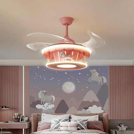 Kids Room Elegant Pink Carousel LED Ceiling Fan Light Image - 1