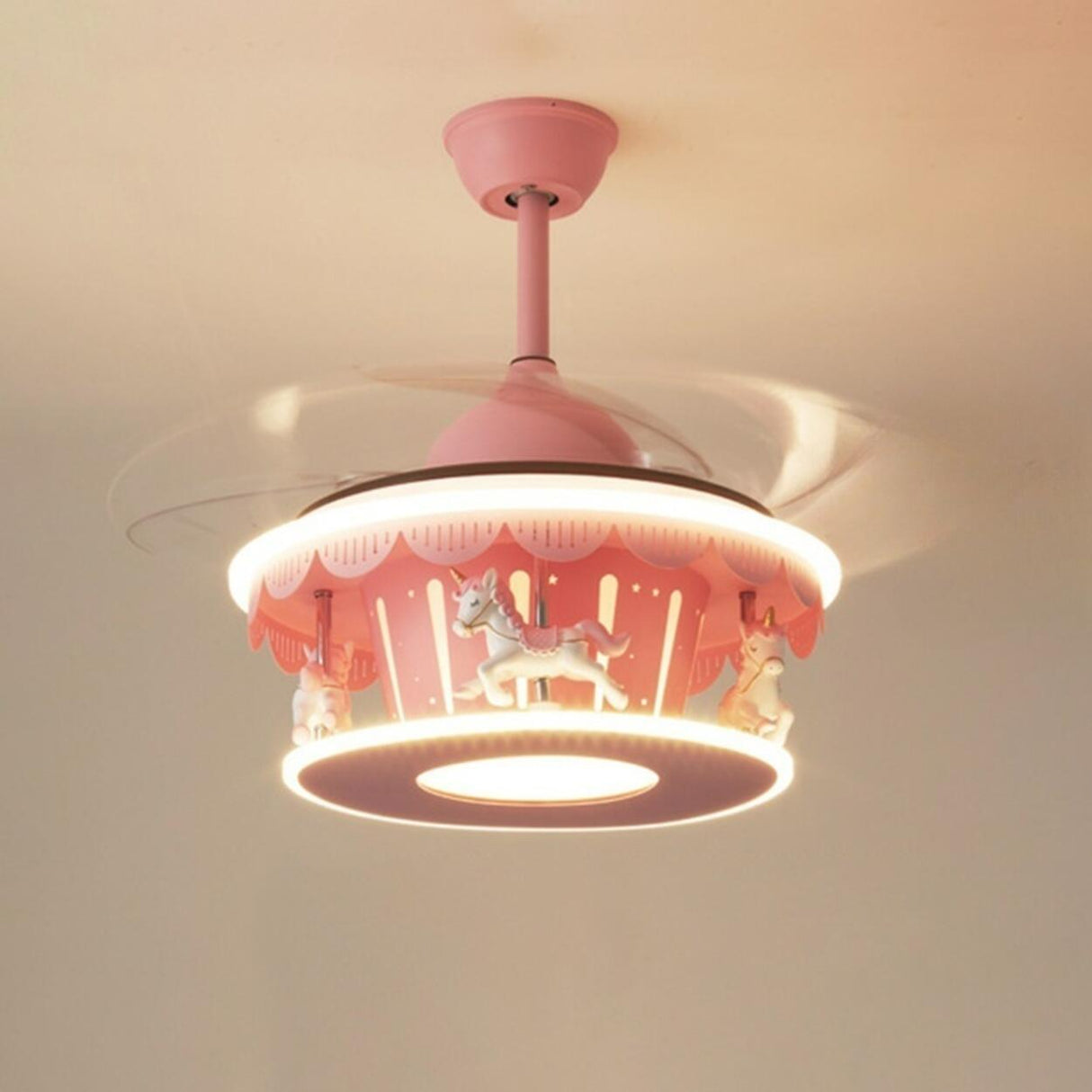 Kids Room Elegant Pink Carousel LED Ceiling Fan Light Image - 3