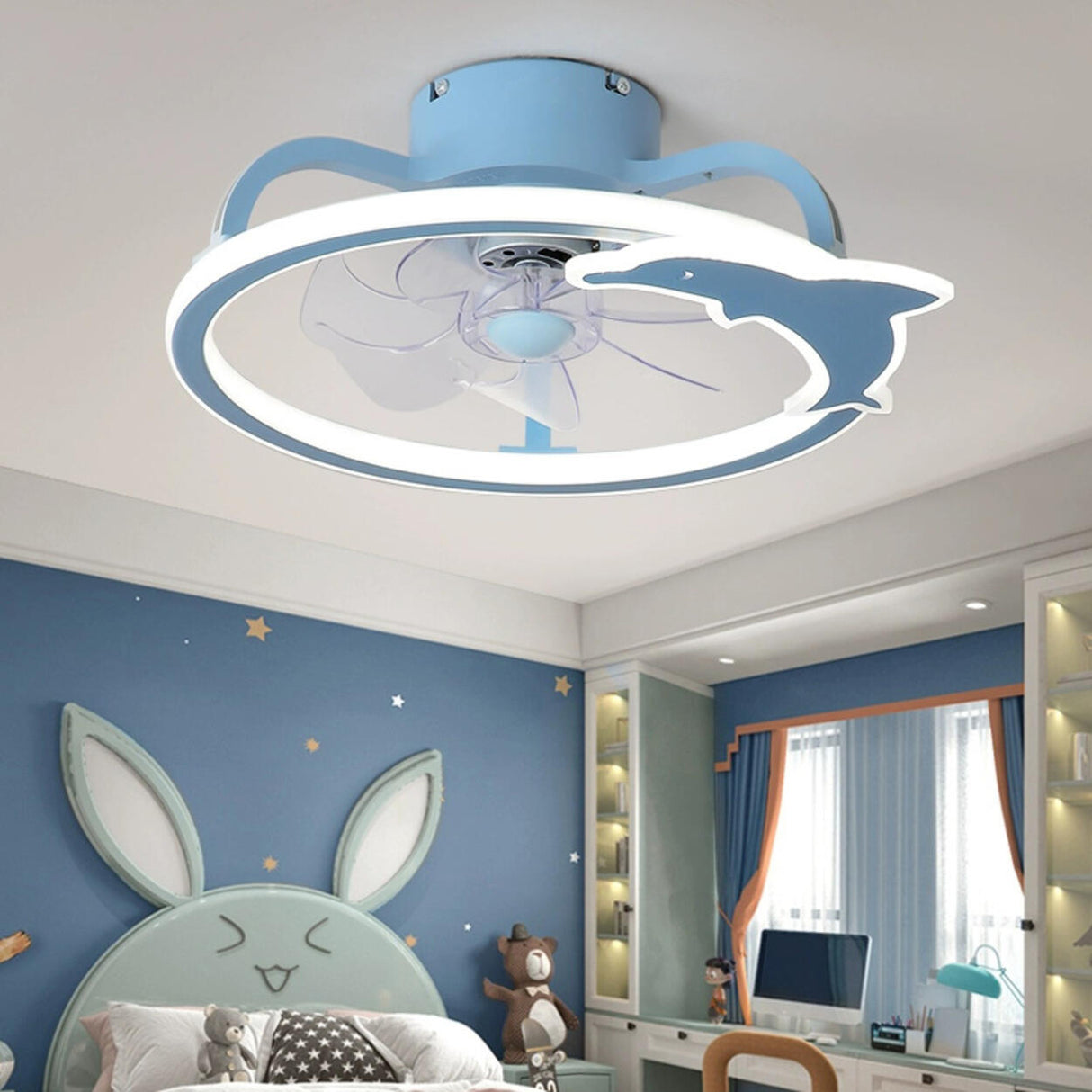 Kids Room Elegant Semi-Flush Dolphin Ceiling Fan Light Image - 1