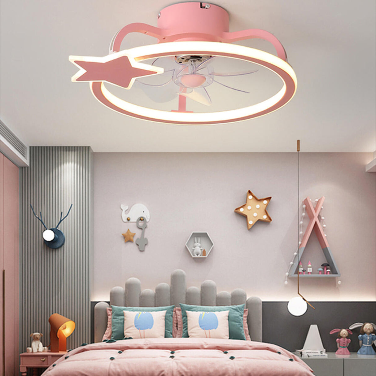 Kids Room Elegant Semi-Flush Dolphin Ceiling Fan Light Image - 4