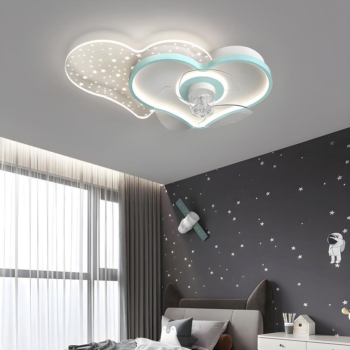 Kids Room Elegant Starry Heart Ceiling Fan with Light Image - 1