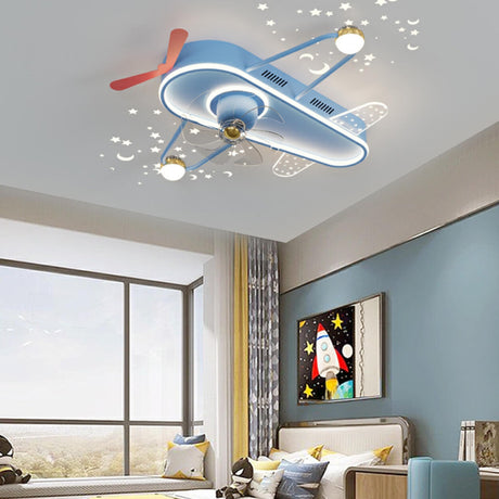 Kids Room Flush Cartoon Airplane Ceiling Fan with Light Image - 1