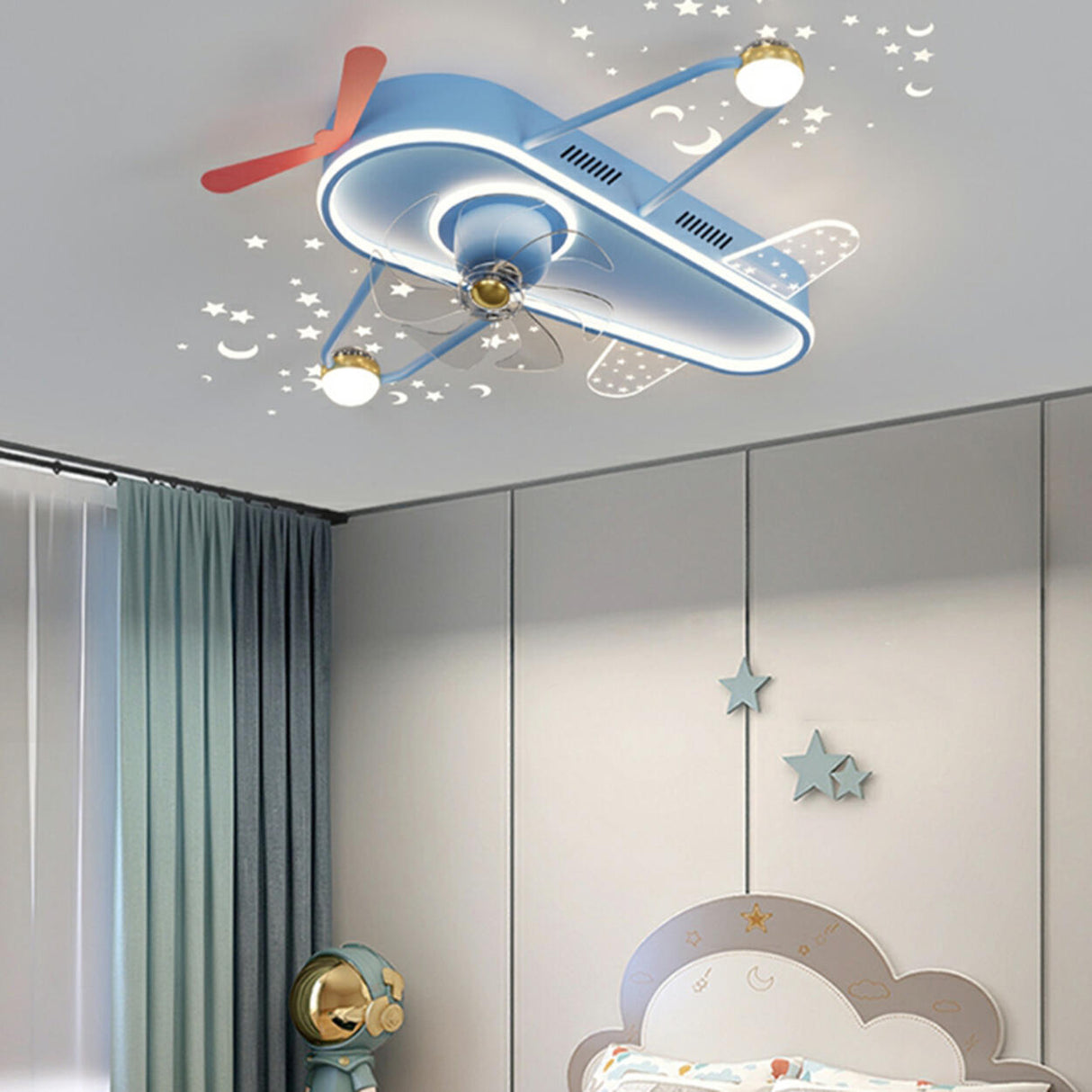 Kids Room Flush Cartoon Airplane Ceiling Fan with Light Image - 23