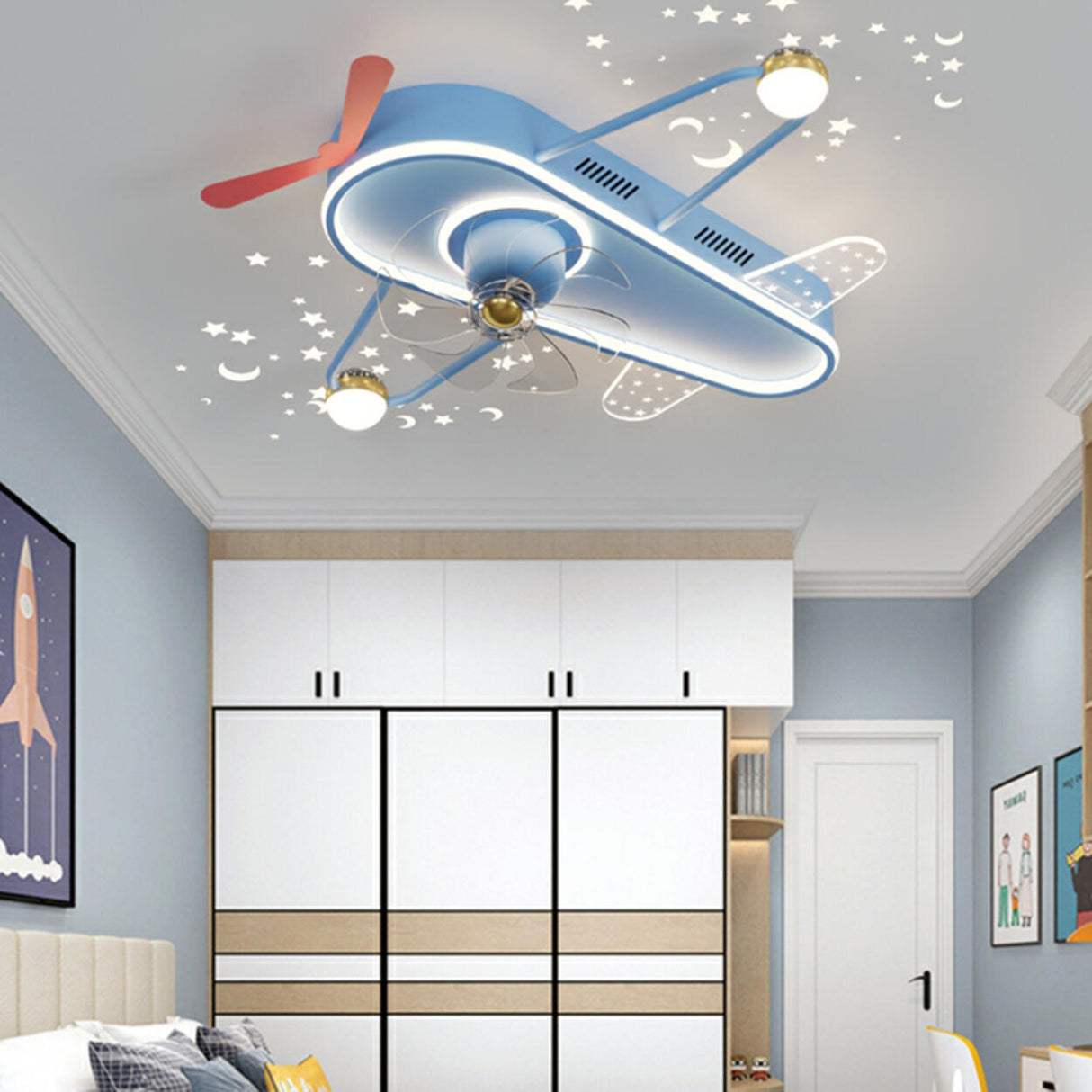 Kids Room Flush Cartoon Airplane Ceiling Fan with Light Image - 6