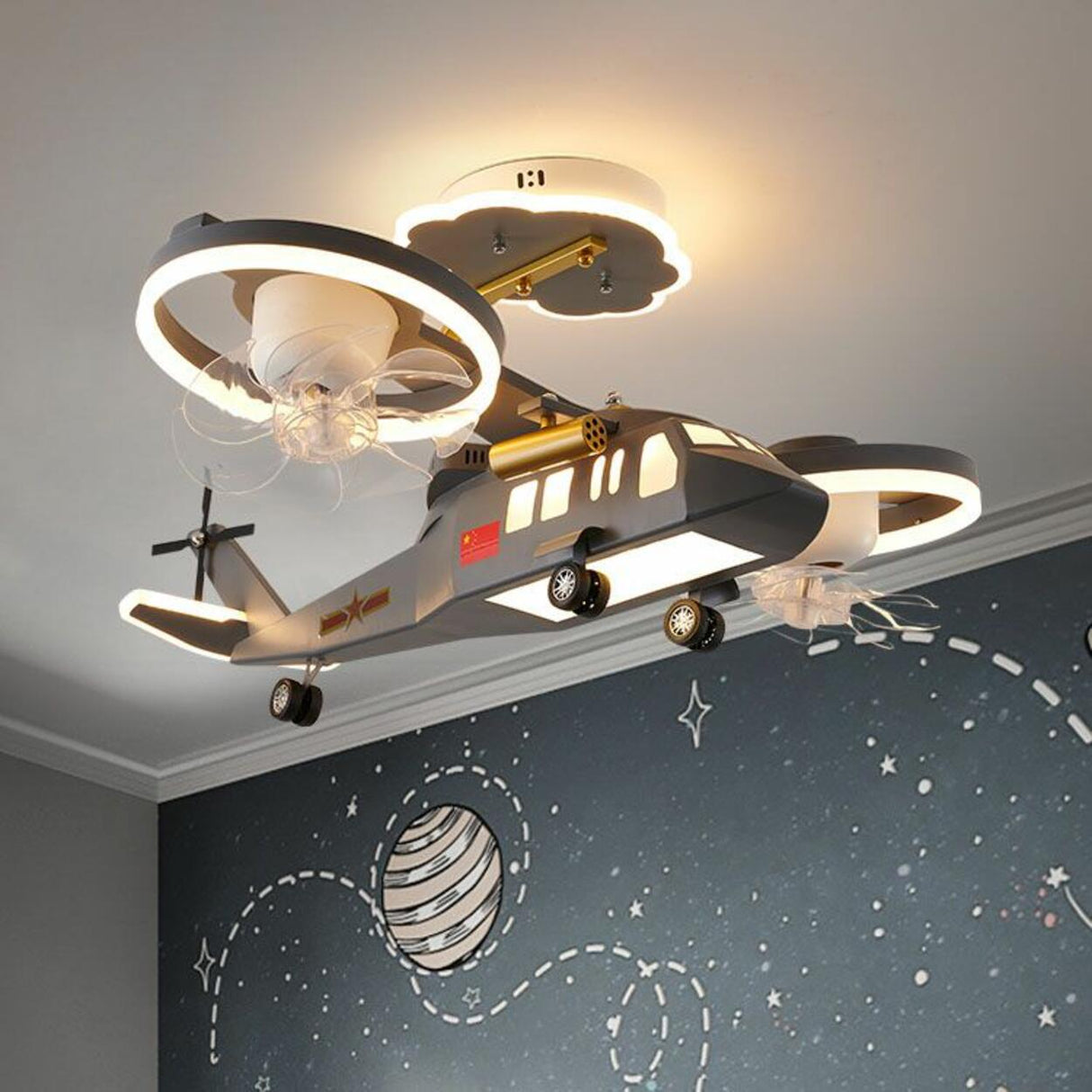 Kids Room Gray Airplane Clear Blades Ceiling Fan Light Image - 4