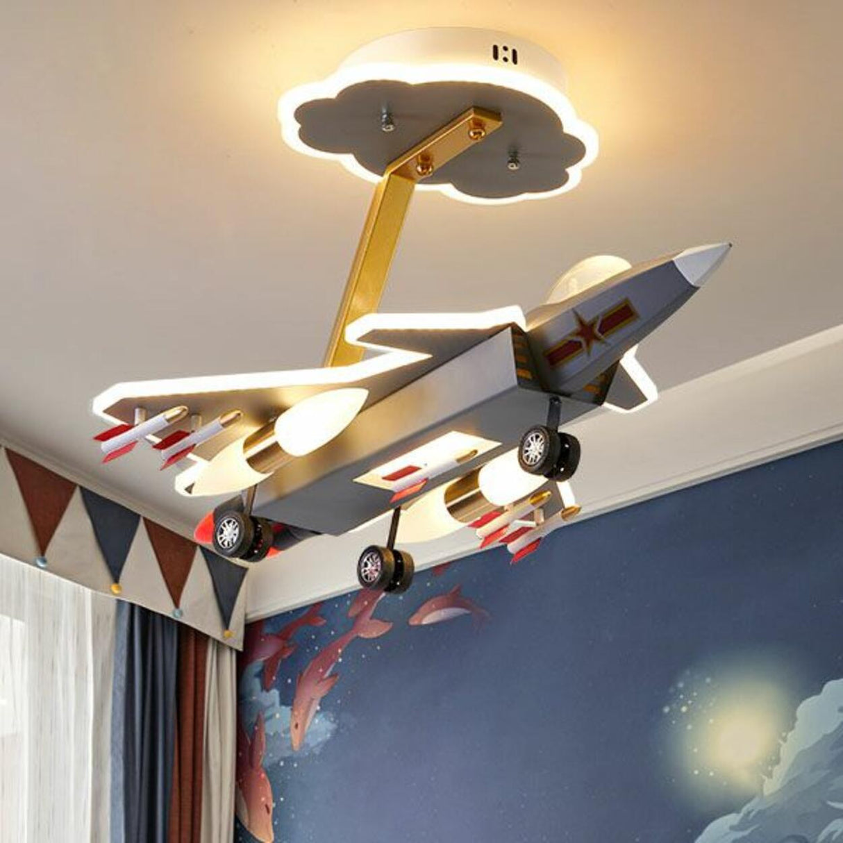 Kids Room Gray Airplane Clear Blades Ceiling Fan Light Image - 5