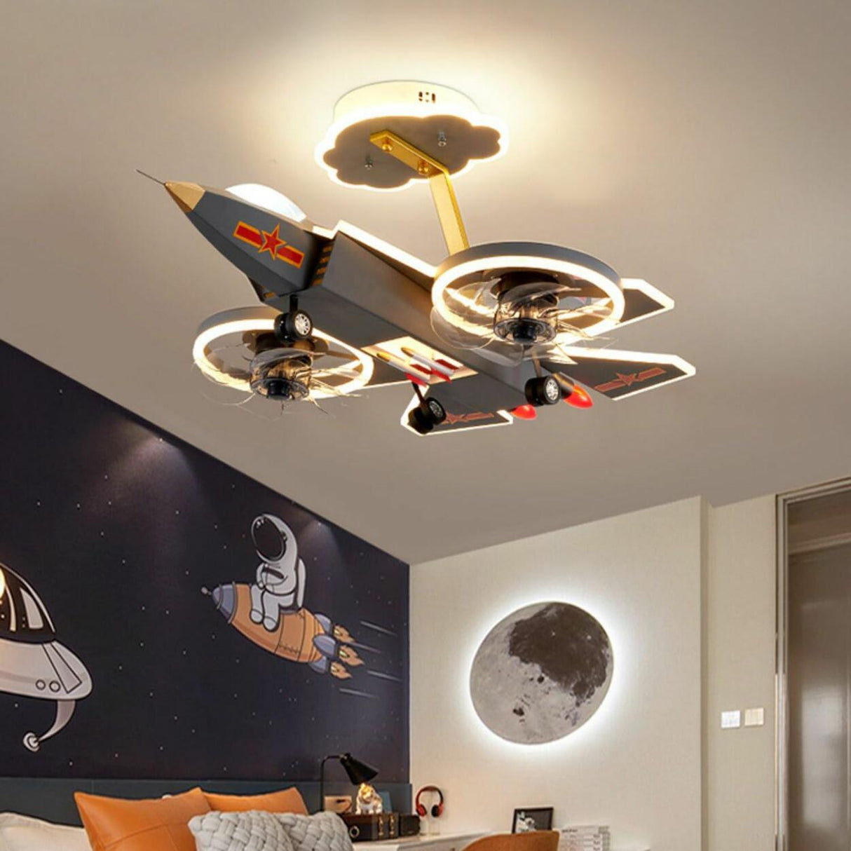 Kids Room Gray Airplane Clear Blades Ceiling Fan Light Image - 6