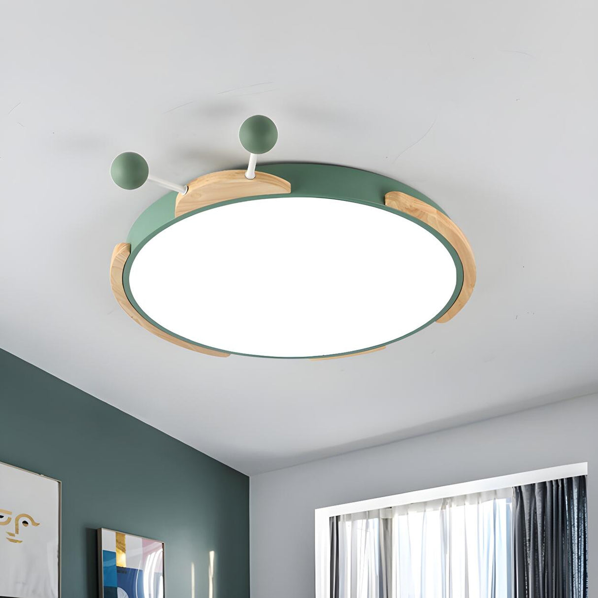 Kids Room Green Insect Round LED Flush Mount Light Image - 1