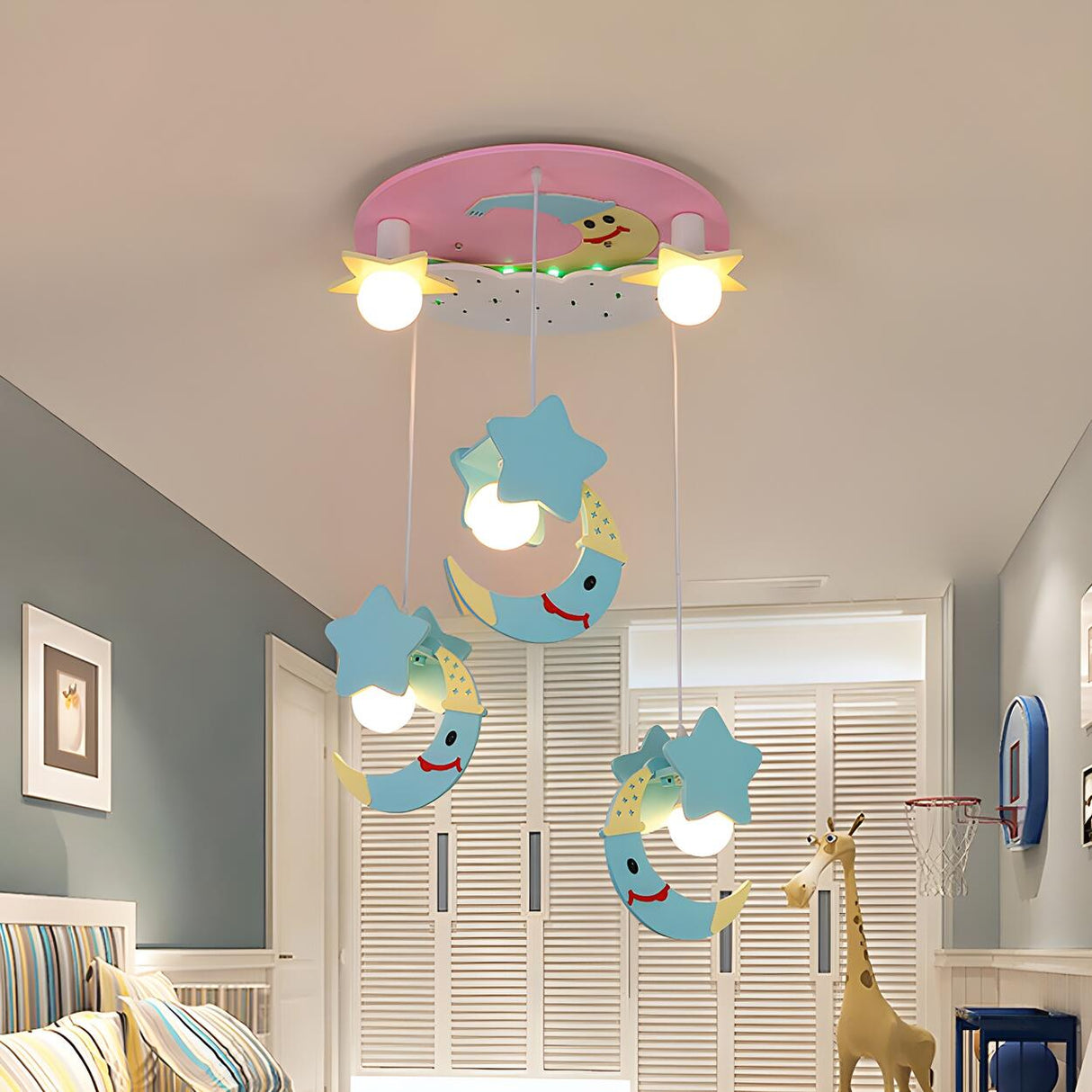 Kids Room Hanging Moon Star Wood Semi-Flush Mount Light Image - 6