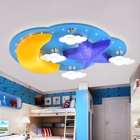 Kids Room Large Cloud Moon Star LED Flush Mount Light Image - 2