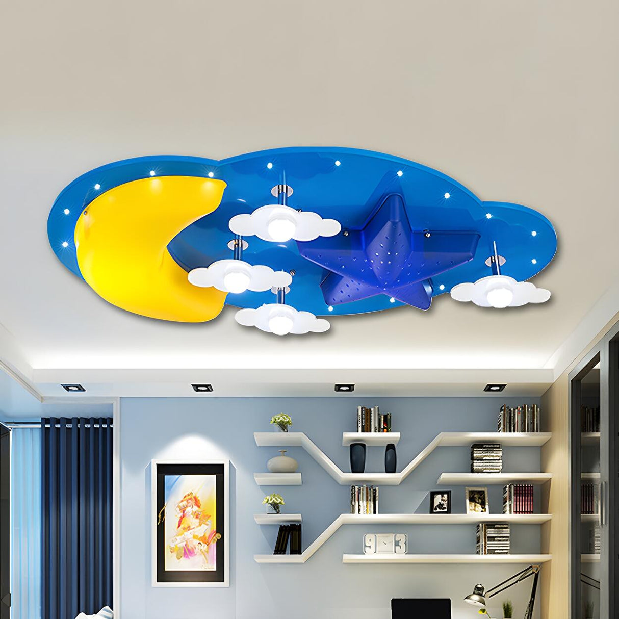 Kids Room Large Cloud Moon Star LED Flush Mount Light Image - 3