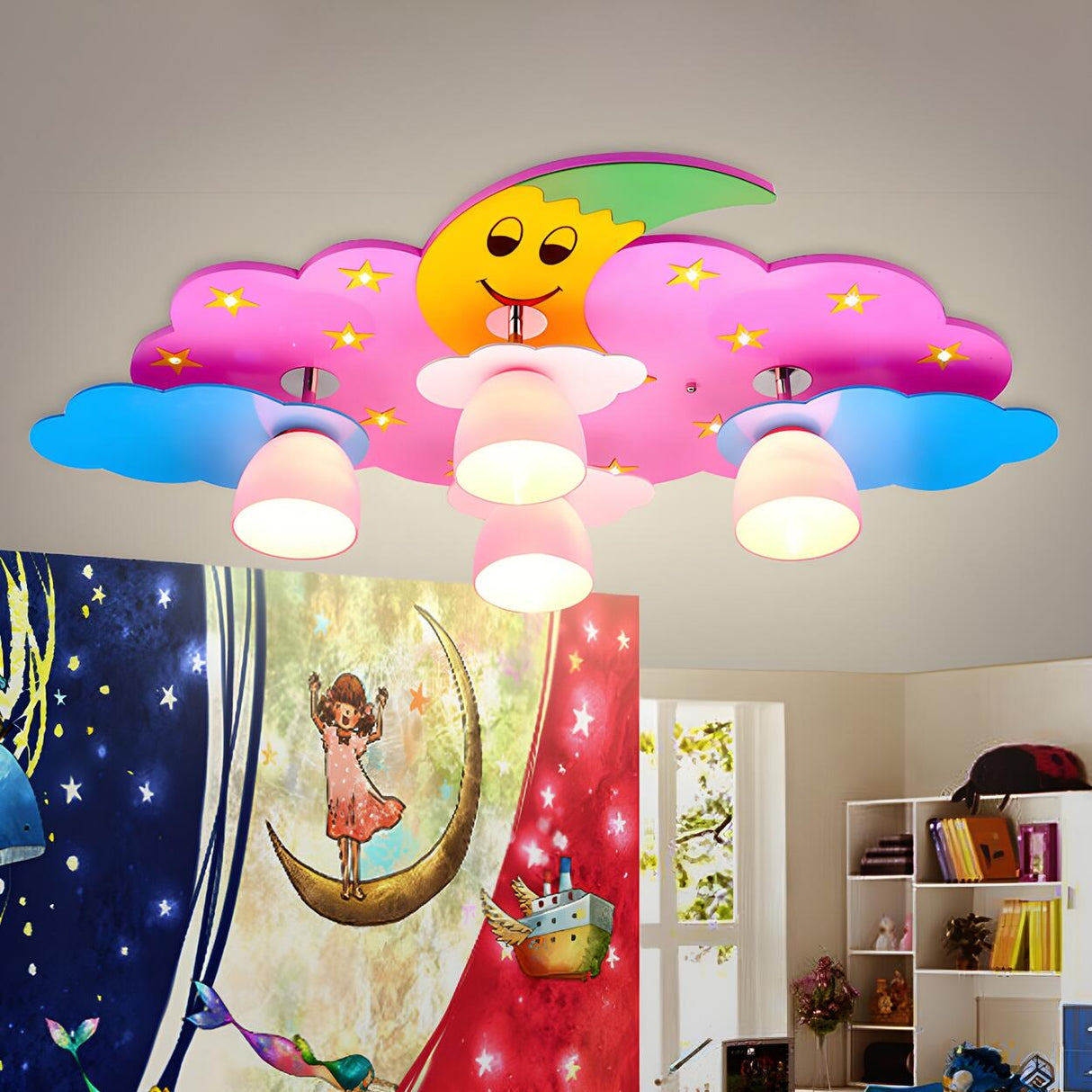 Kids Room Large Moon Cloud Flush Mount Light 4-Bulb Image - 1