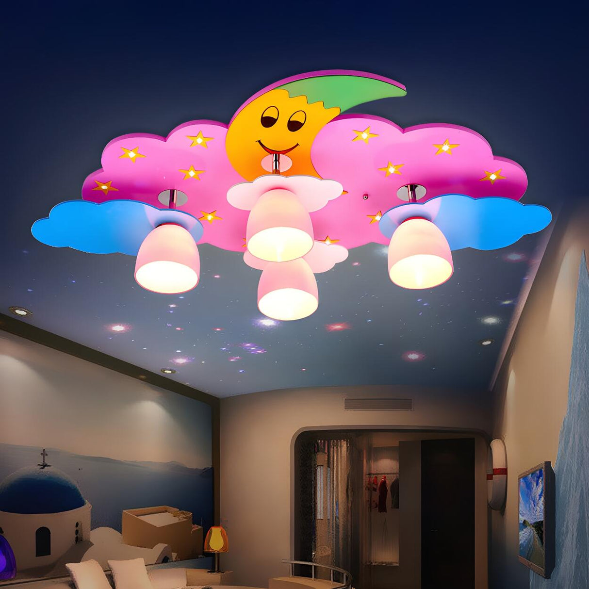 Kids Room Large Moon Cloud Flush Mount Light 4-Bulb Image - 3