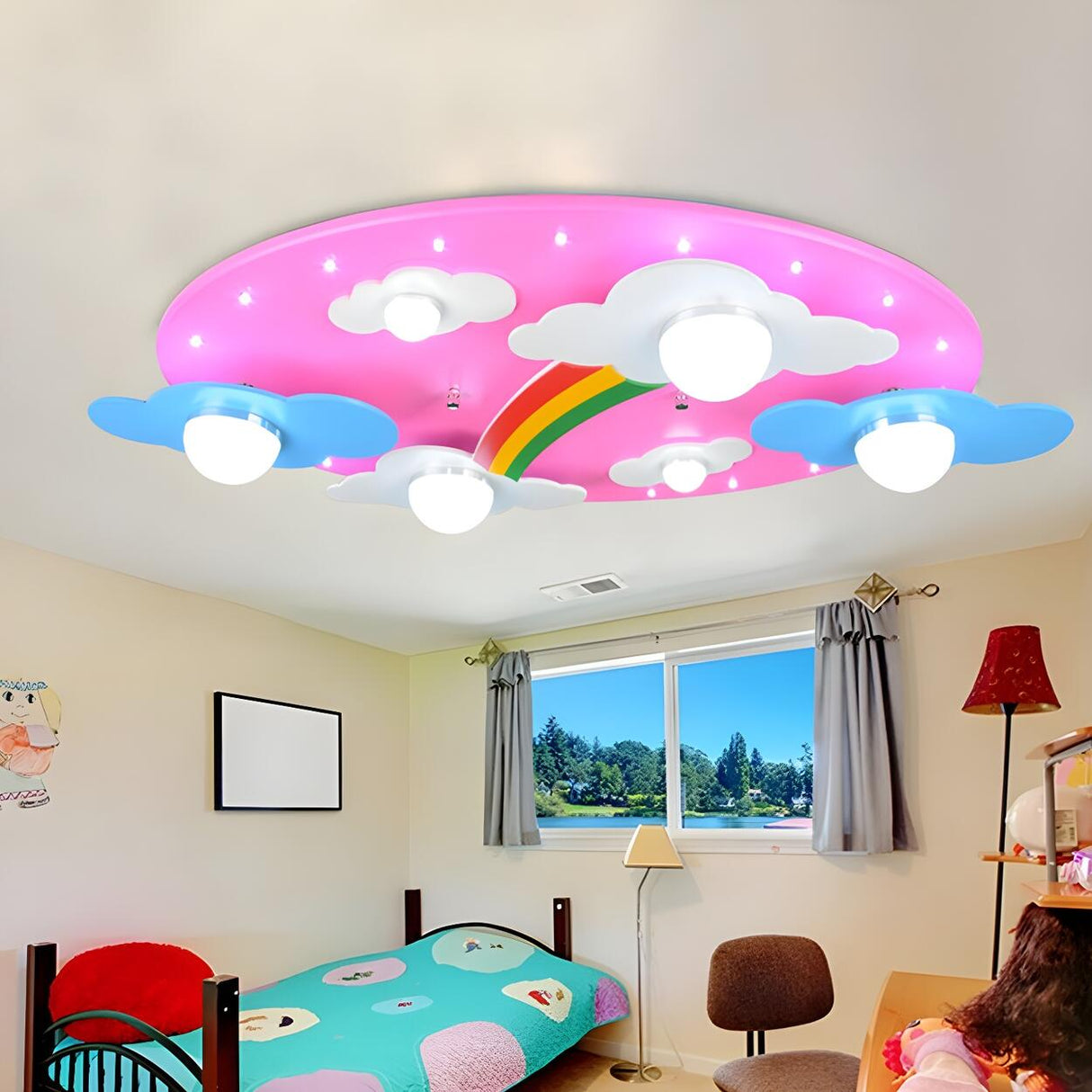 Kids Room Large Pink Cloud Rainbow Flush Mount Light Image - 1